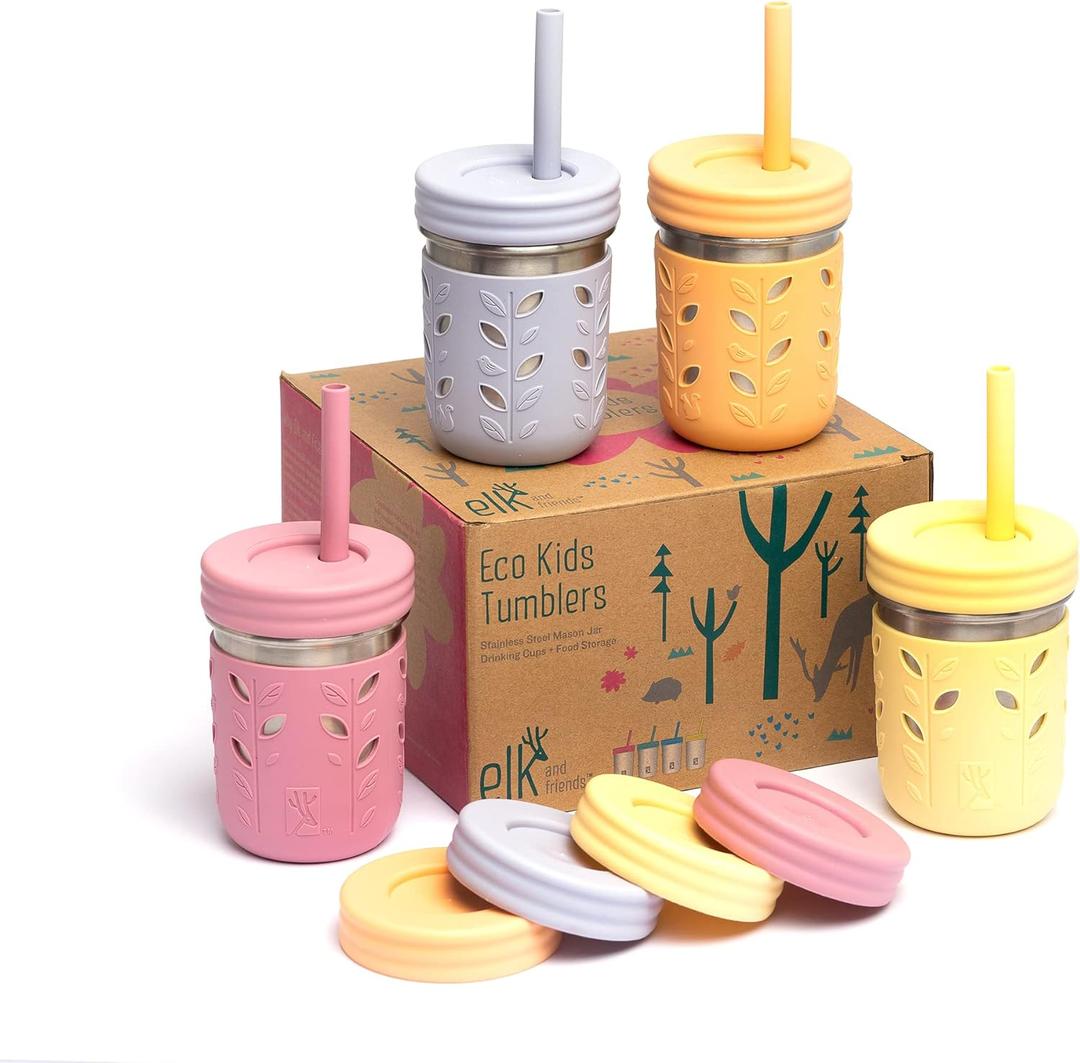 Elk and Friends 10oz Stainless Steel Kids + Toddler Drinking Cups | The Original Mason Jar with Sleeves + Lids | Silicone Straws | Smoothies | Storage Jar | Spill Resistant | Dishwasher Safe | 4 Pack (Blush/Lilac/Lemon/Peach)
