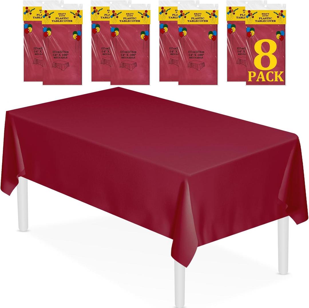 XSEINO 8 Pack 54" x 108" Premium Wine Red Plastic Table Cloth,Disposable Rectangle Tablecloths Waterproof Table Cover for Birthday Wedding Anniversary Graduation Party Decorations Supplies