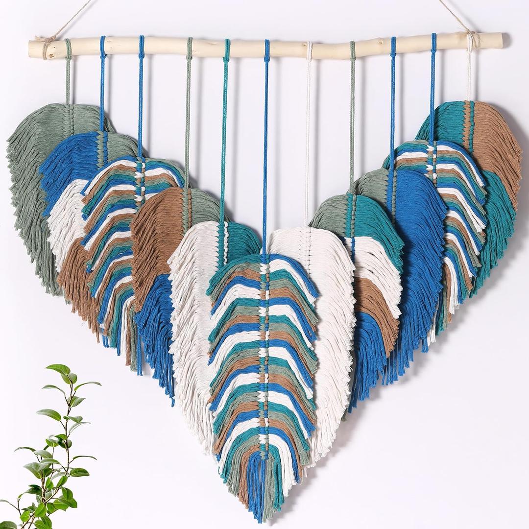 Amestrina Large Macrame Wall Hanging, Boho Chic Macrame Wall Decor, Bohemian Leaf Feather Macrame Wall Art, Handmade Macrame Wall Hanging Tapestry for Bedroom Living Room 31" Wx 31" L (Green)