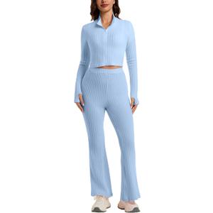 Womens 2 Piece Ribbed Knit Lounge Set Zip Up Crop Top High Waisted Flare Pants Cozy Fall Winter Matching Outfits (Large, Pink)