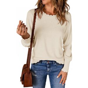 Cicy Bell Womens Crew Neck Long Sleeve Sweater Trendy Casual Scallop Trim Fall Knit Lightweight Pullover Tops (Small, Beige)