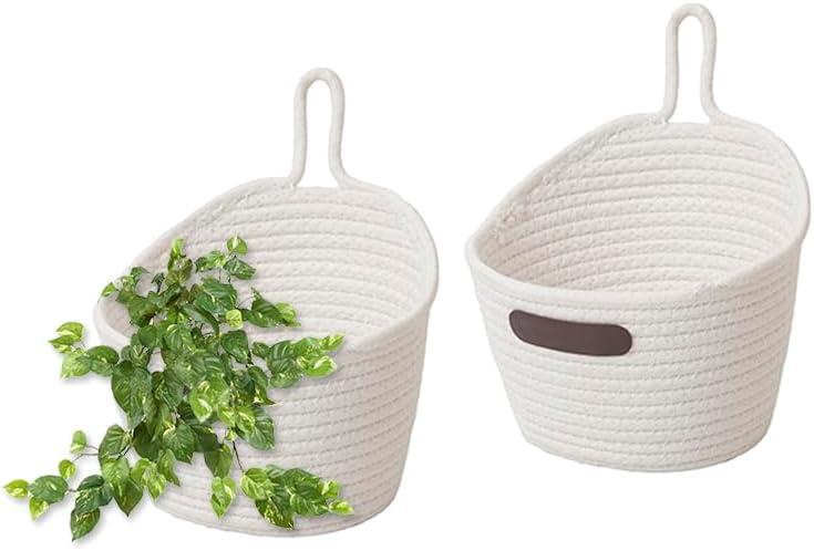 JJSQ 2pack Hanging Baskets Small Wall Hanging Storage Basket Round Woven Rope Wall Oganzier Decor for Flower Plants, Key Storage White 7.8 x 7 inches
