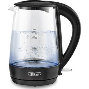 bella 1.7 Liter Glass Electric Kettle, Quickly Boil 7 Cups of Water in 6-7 Minutes, Soft Blue LED Lights Illuminate While Boiling, Cordless Portable Water Heater, Carefree Auto Shut-Off, Black