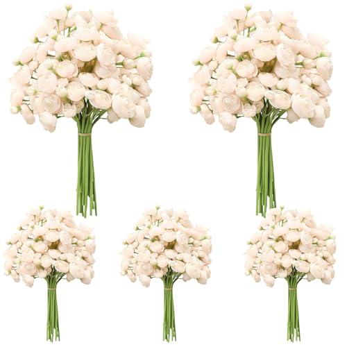 Ovveroche 5 Bouquets Cream Ranunculus Artificial Flowers, 30 Pcs Silk Mini Faux Ranunculus Bouquet for Wedding, Bridal Shower, Centerpieces, and DIY Decorations