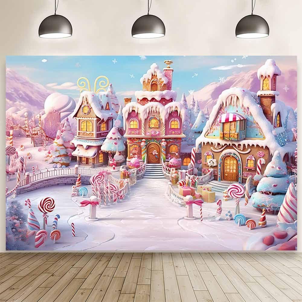 MEHOFOND 10x7ft Christmas Gingerbread House Photography Background, Winter Pink Candyland Merry Xmas Party Decorations, Lollipop Snowflake Kids Birthday Baby Shower Banner, Portrait Photo Props