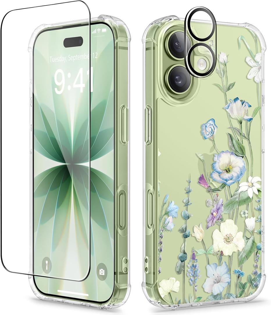 GVIEWIN for iPhone 17 Case, with Screen Protector+Camera Lens Protector, [NonYellowing] Clear Floral Slim Shockproof Protective Hard PC Back Women Phone Case for iPhone 17 6.3", Aquilegia/White