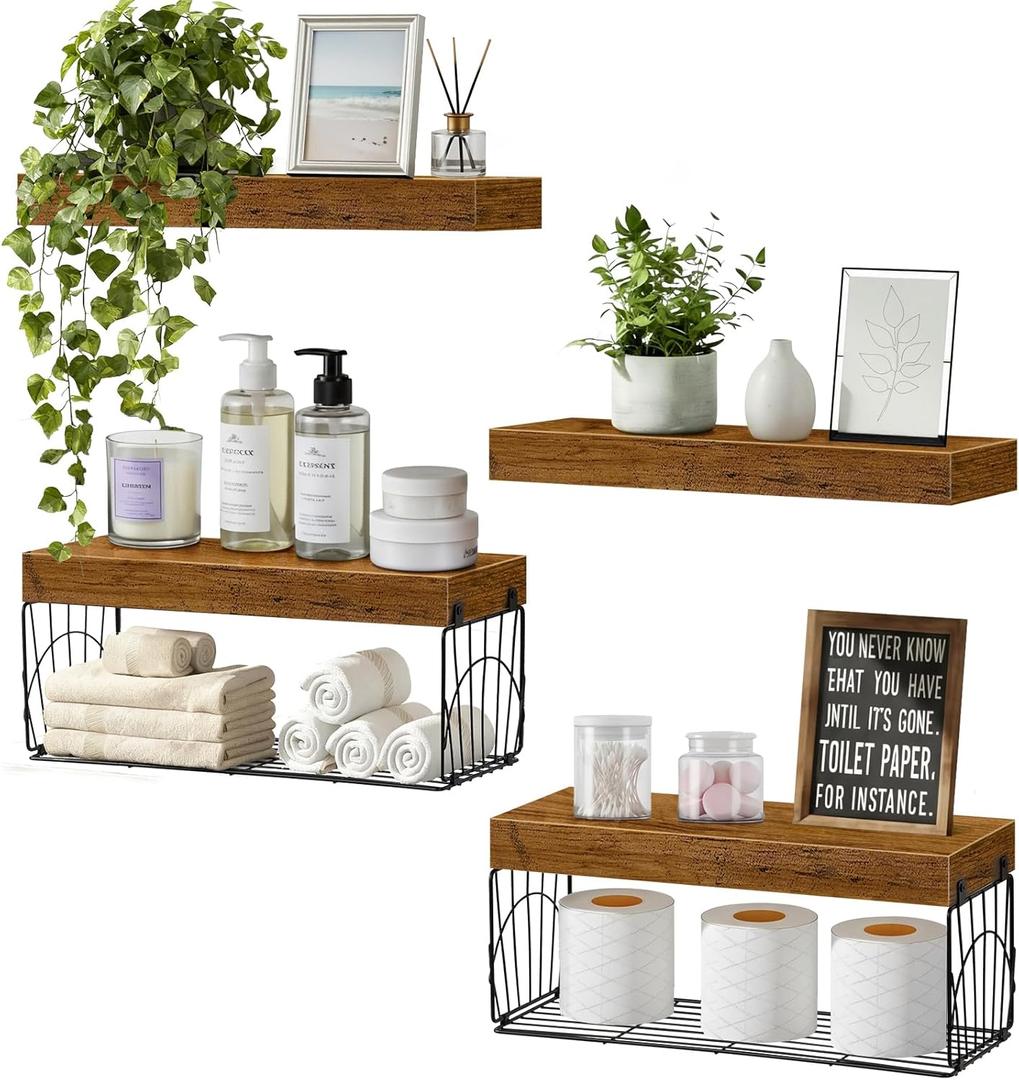 4 Pack Wall Mounted Rustic Wood Floating Shelves with 2 iron Hanging Baskets, Bathroom Shelves Over Toilet, Toilet Paper Storage, Farmhouse Decor Hanging Shelf for Living Room, Kitchen, 16 inch, Brown