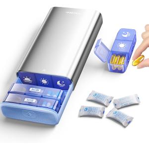Vaydeer Metal Pill Organizer 3 Times a Day, Weekly Pill Box with Built-in Desiccant Compartment, Airtight 7 Day Travel Pill Case for Medication, Vitamins & Supplements (Silver)