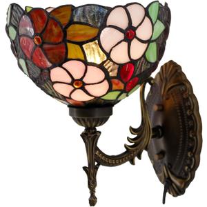 Tiffany Wall Sconce Lamp Plug In or Hardwire Wall Light with 8 Inch Green Purple Grape Stained Glass Flower Lampshade 8X10.5X11 Inch, Base Finished Antique Bronze, 6ft Cord with On/Off Switch