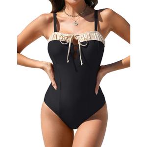 BMJL Womens One Piece Swimsuits Retro Black Tummy Control Bathing Suits Elegent Tie Front Swimwear (Red, M)
