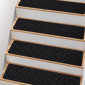 Non Slip Stair Treads for Wooden Steps,15 Pack 8" X 30" Stairs Carpet Treads Indoor with Reusable Peel and Stick Adhesive for Kids Elders and Pets,Polyester TPR Backing (Black)