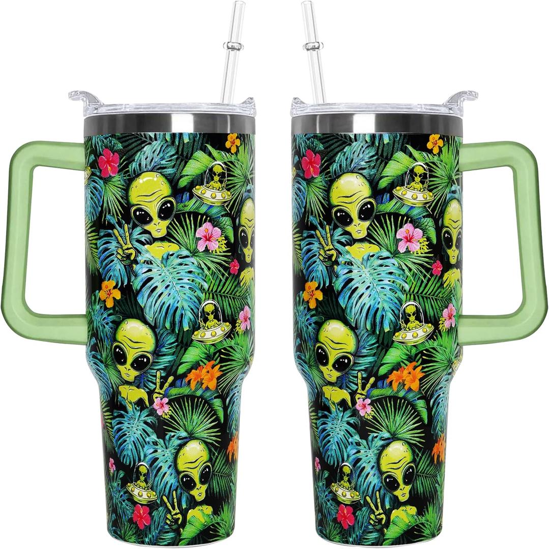 omezin 40 Oz Alien Tumbler With Handle 40oz Alien Theme Tumbler With Lid Straw Double Insulated Travel Coffee Mug Womens Cup Gifts