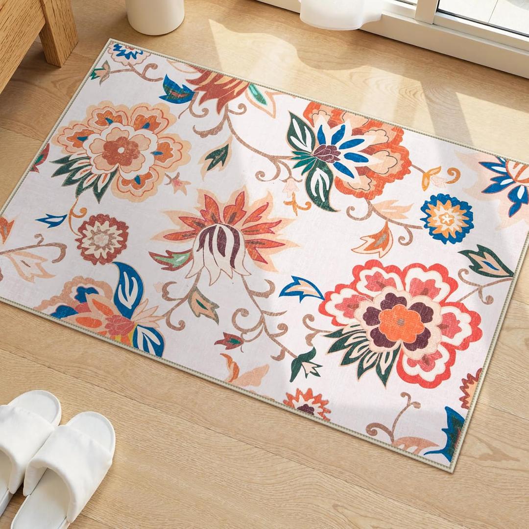 Beeiva Floral Entry Way Rugs Indoor Washable, Ultra Thin 2x3 Throw Rug Non Slip for Kitchen, Soft Paisley Mat Carpet for Bedroom Entrance Bathroom (Beige,2'x3')