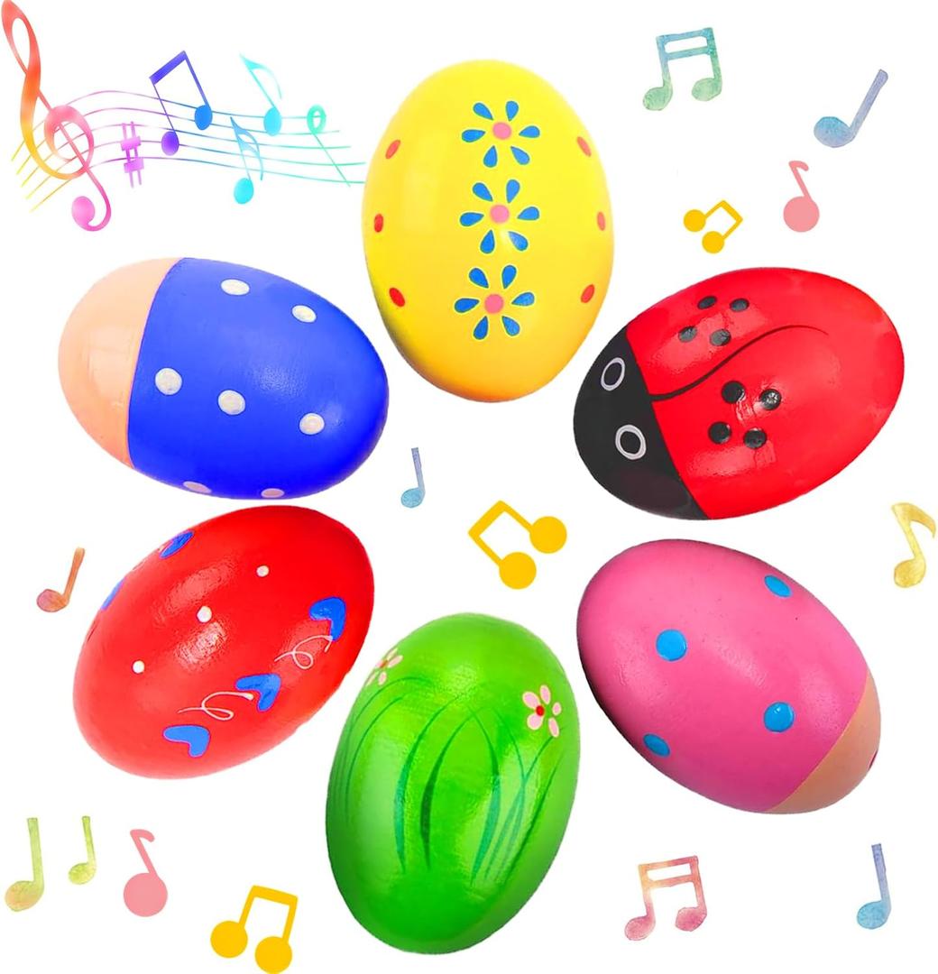 6 Pack Wooden Easter Egg Shakers, Percussion Musical Instruments for Toddlers 1-3 Year Old, Montessori Toys for Kids Boys Girls, Easter Basket Stuffers Fillers Party Favors Classroom Prize Supplies