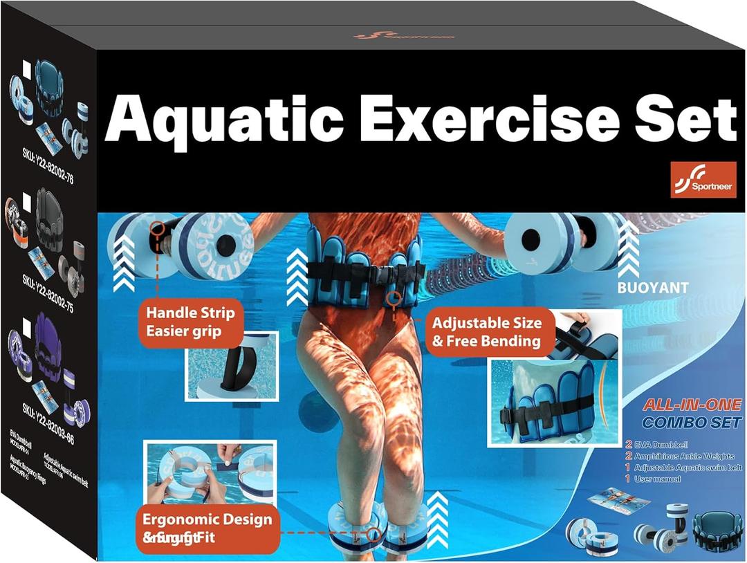Sportneer Water Aerobics Equipment for Pool Exercise Aquatic Workout Combo Set Includes High Density Water Dumbbell Aqua Belt Water Ankle Weights for Aquatic Therapy Pool Fitness Water Exercise