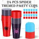 24 Pcs Spider Party Supplies Gift Spider Cup Bulk 16oz Thick Plastic Disposable Hot Cold Drink Cup Web Birthday with Lid for End of The Year Holiday Gifts (Red,Purple)