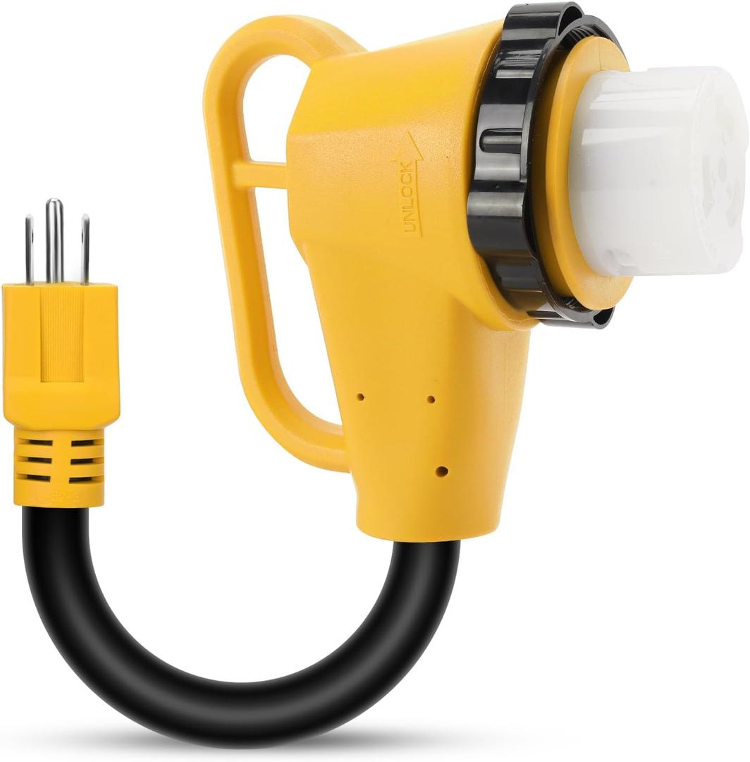 RV 50 Amp to 110 Adapter with Locking Connector, 50 Amp to 15 Amp RV Adapter, NEMA 5-15P to NEMA SS2-50R Electrical Power Adapter with Upgraded Grip Handle, ETL Listed