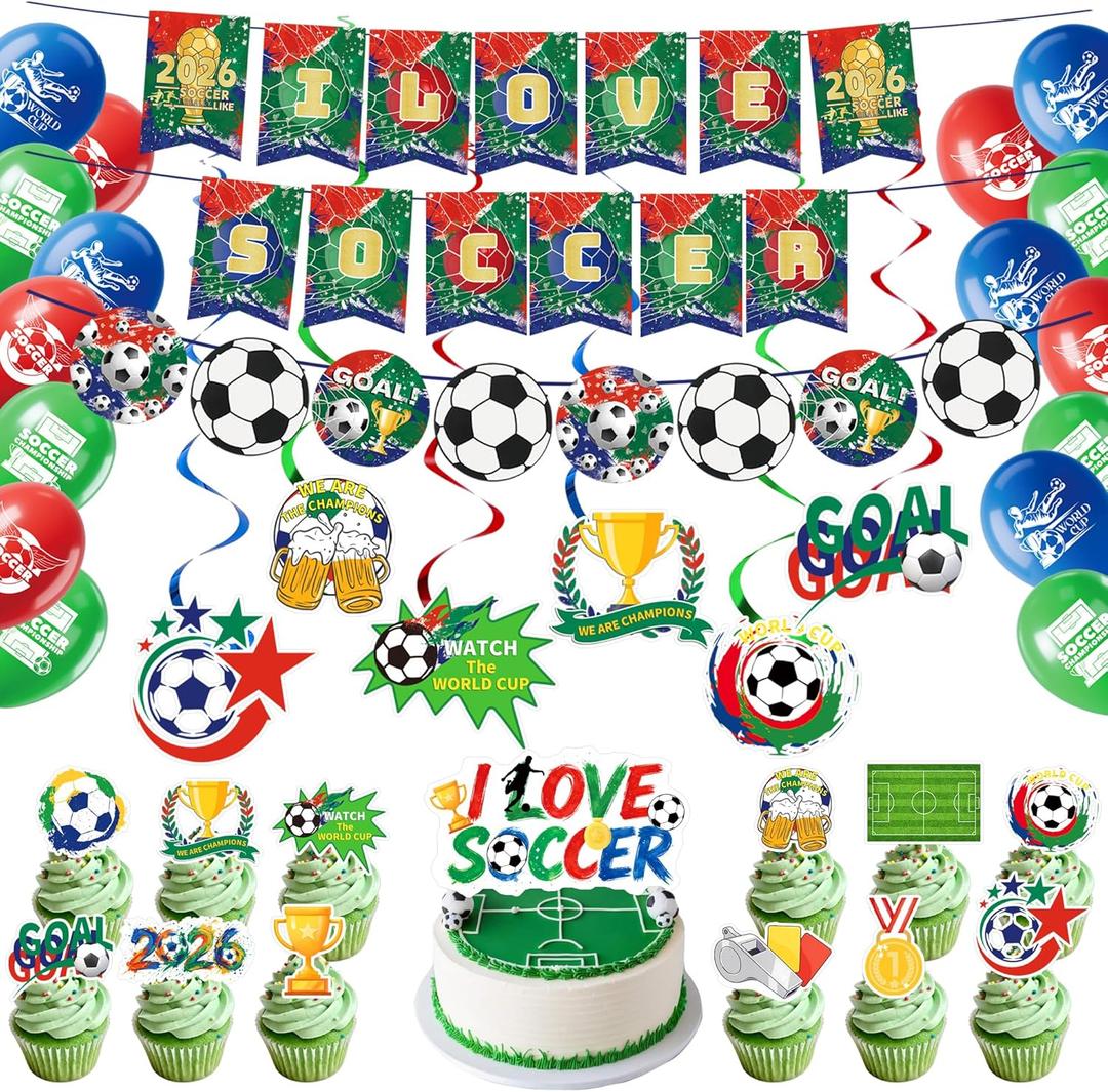 3 x 2026 World Soccer Cup Party Decorations,50PCS Football Themed Party Supplies with Banner, Balloons, Hanging Swirls, Cake & Cupcake Toppers for Soccer Birthday Party Celebrations