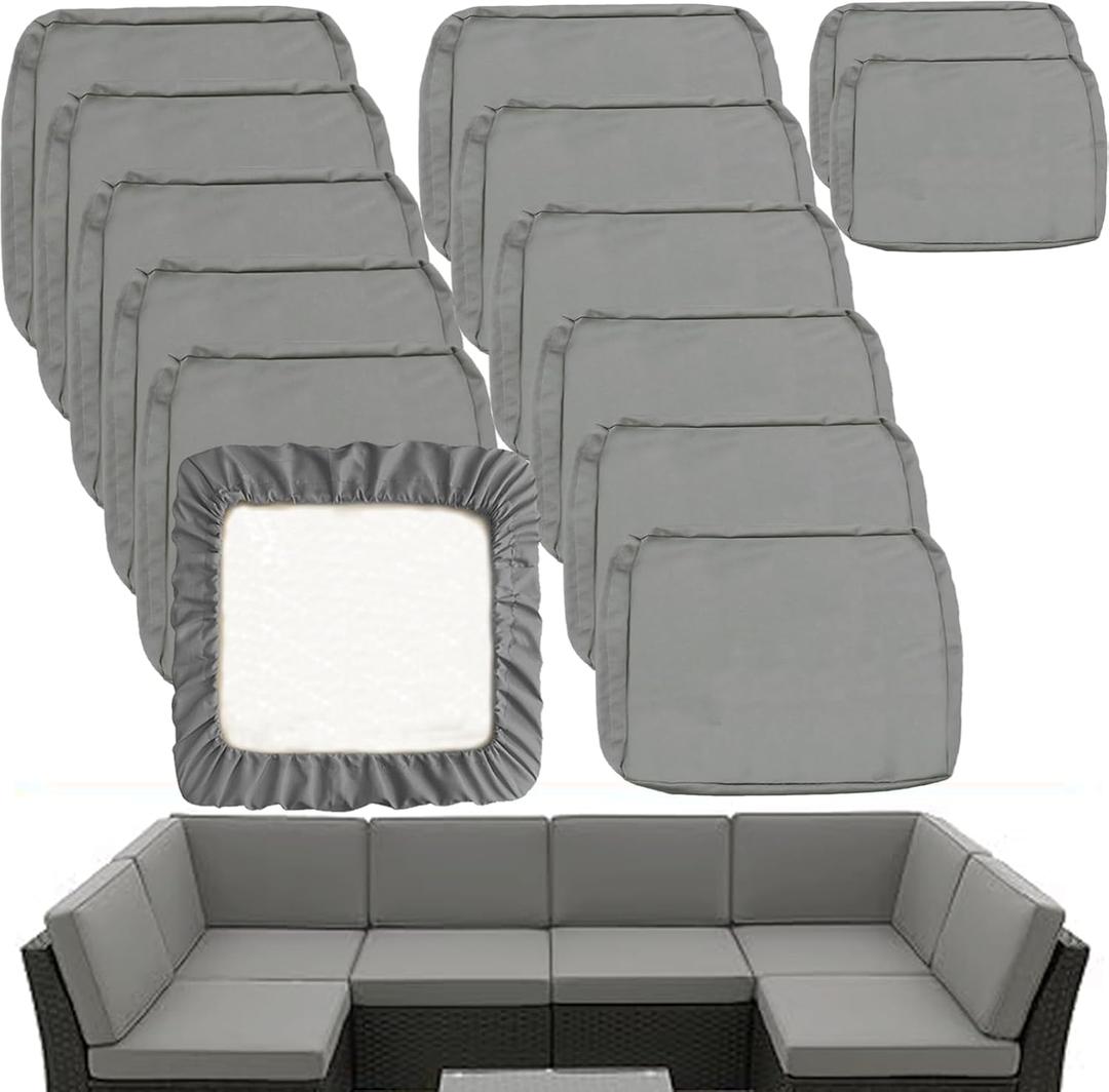 Sqodok Outdoor Cushion Covers Waterproof, 14Pcs Patio Cushion Slipcovers Replacement for 7Piece 6-Seater Rattan Wicker Sectional Couch Sofa, Washable Patio Furniture Seat and Back Covers Only, Grey
