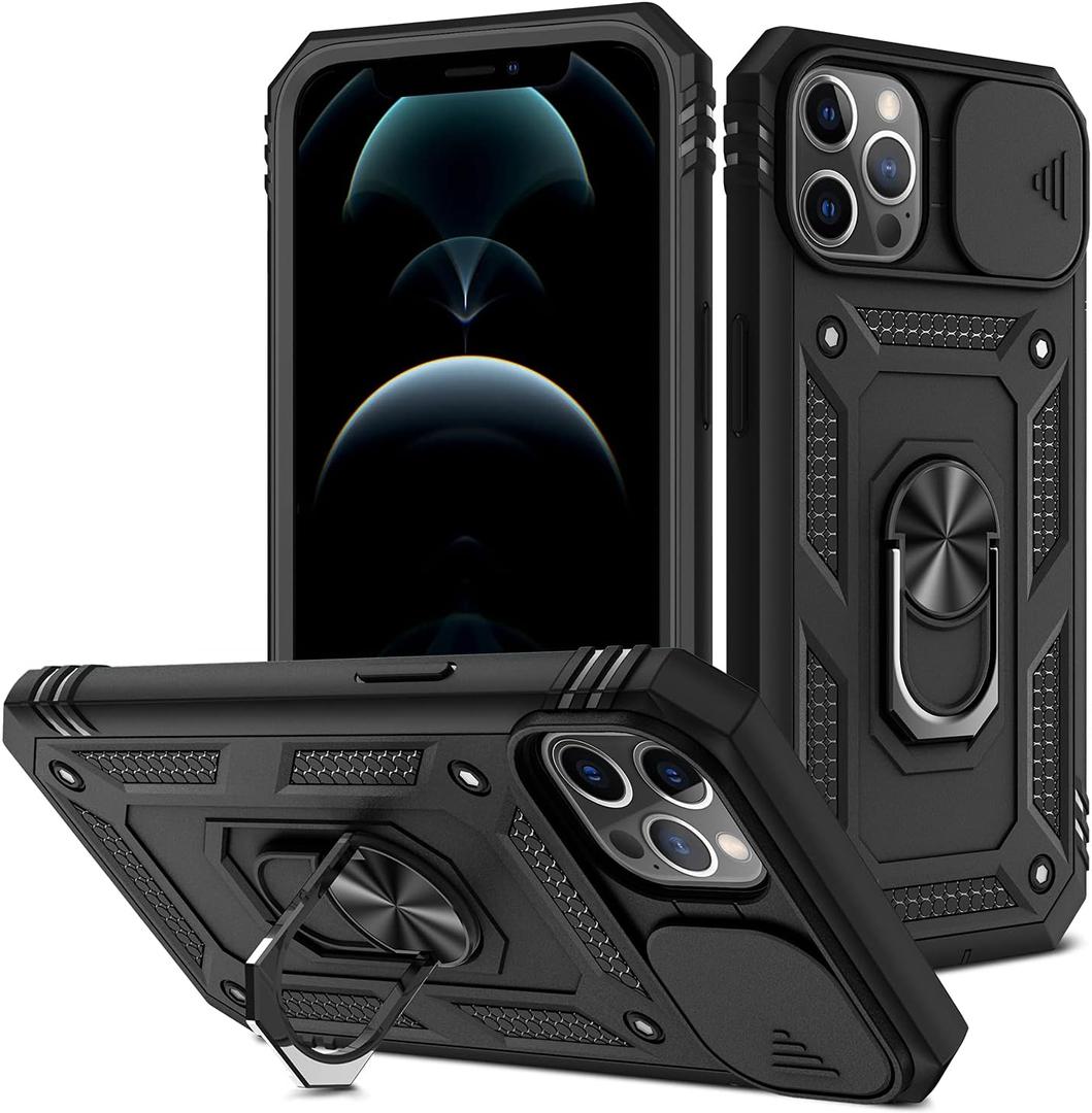 for iPhone 13 Pro Max Case with All-Angle Rotating Kickstand & Sliding Camera Cover - Heavy Duty Shockproof Protective Cover, Black