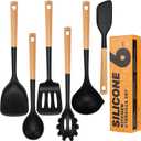 Silicone Cooking Utensils Set, Heat Resistance Large Kitchen Utensils Set with Long Wooden Handle, BPA-free Silicone Spatula, 6 Pcs Cooking Spoons for Non Stick Frying Pans and PotsBlack