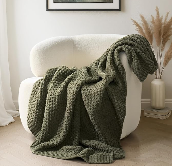 EVERGRACEHOME Chunky Chenille Knit Throw Blanket for Couch, Soft Luxurious Moss Stitch Chair Blankets for Bed, Cozy Decorative Farmhouse Knitted Throws for Sofa, Olive Green, 50" x 60" 