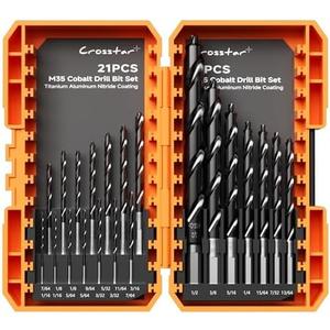 Crosstar M35 Cobalt Drill Bit Set - 21pcs 1/16"-1/2" TiAlN Coated Self-Centering Metal Drill Bits for Thin Hardened Steel, Stainless Steel, Titanium| Bullet Point Tip, High-Speed Jobber Bits