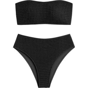 ZAFUL Women's High Cut Bandeau Bikini Set Strapless Solid Color 2 Pieces Bathing Suit Swimsuit (Medium, 6-black)