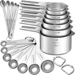 EWFEN Measuring Cups and Spoons Set, 7 Stainless Steel Nesting Measuring Cups & 7 Spoons, 5 Mini Measuring Spoons & 2 Detachable Rings, Kitchen Gadgets for Cooking & Baking, Round
