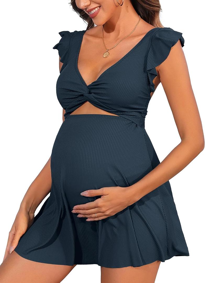 Charmo Ribbed Maternity One Piece Swim Dress Pregnancy Swimsuit with Built-in Bottom Swimwear Twist Front Skirt Bathing Suit, Navy, L