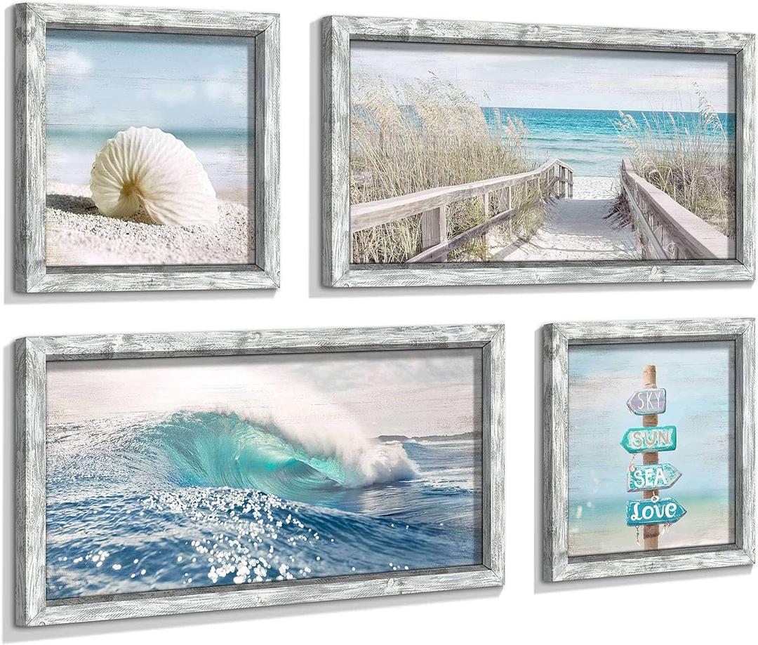 Ocean Wall Art Wooden Framed: Beach Artwork Coastal Prints Set of 4 Seascape Wall Decor for Living Room Overall 36"W x 24"H (Blue Rolling Waves)