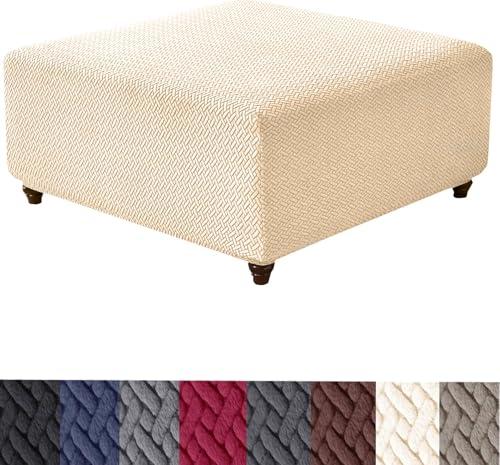 HFCNMY Ottoman Cover Square,Stretch Knitted Jacquard Ottoman Cover Ottoman Slipcover Square Washable Storage Foot Stool Cover with Elastic Bottom Beige Medium