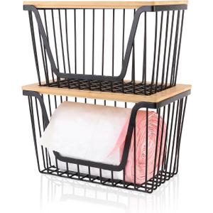 2 Pack Storage Stackable with Bamboo Top for Kitchen Laundry Room Organizers, Large Bag Holder and Garbage Bag Dispenser