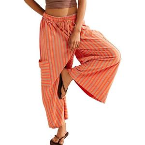 EVALESS Women Palazzo Pants Summer Casual Wide Leg High Waist Lounge Flowy Beach Striped Trousers Travel Vacation Outfits Size M