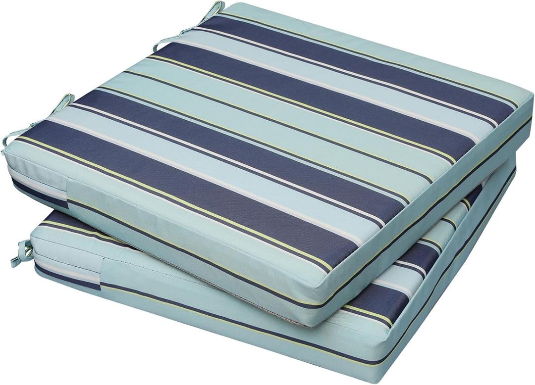 AAAAAcessories Outdoor Seat Cushions for Chairs, Waterproof, Fade-Resistant, 18" x 18" x 2", Patio Furniture Replacement Cushions, Set of 2, Ash Teal Seaside Stripe
