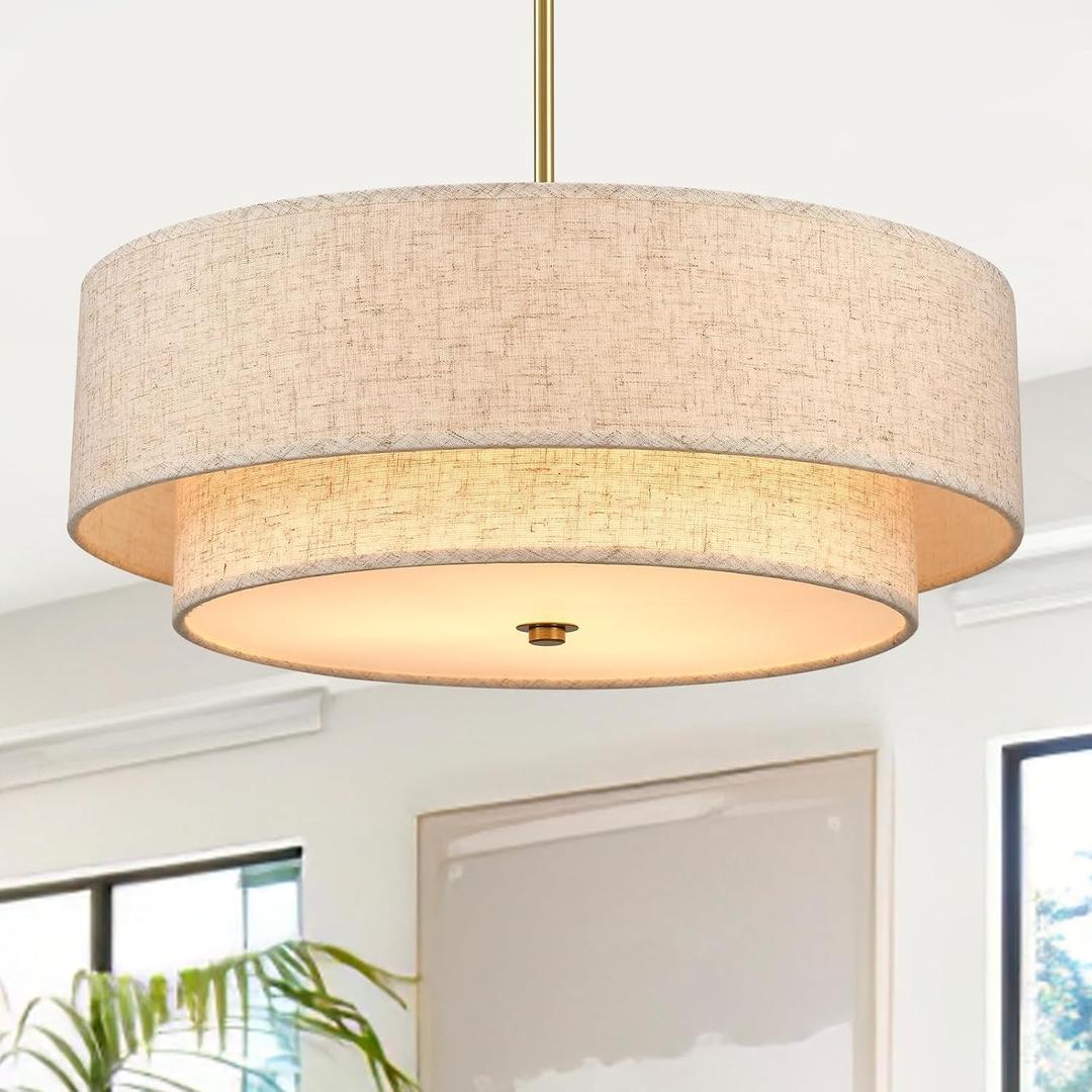 Gold Modern Chandelier 18'' Drum Pendant Light with Fabric Lampshade Hanging Light Fixture 3-Light Farmhouse Chandeliers for Dining Room Bedroom Kitchen Hallway Foyer