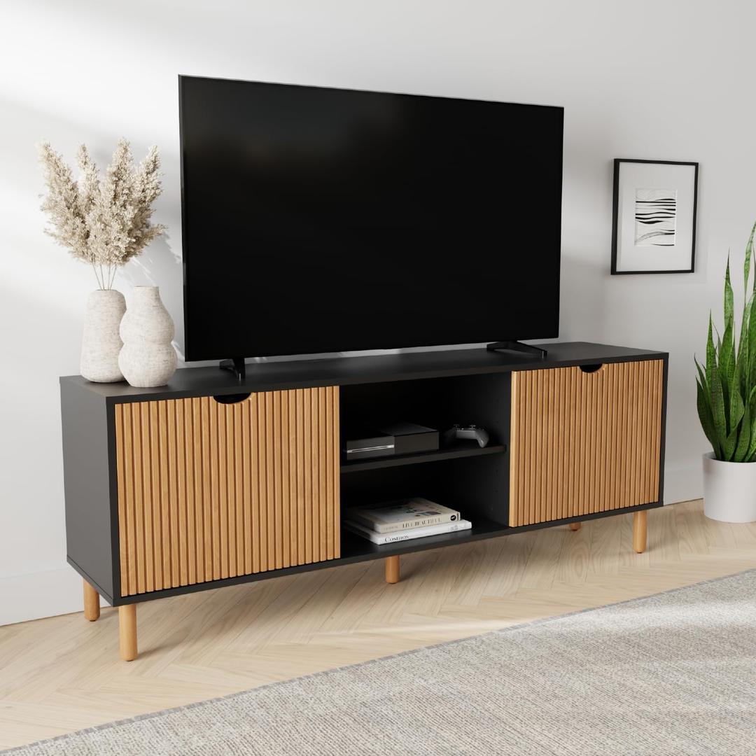 Modern Fluted TV Stand & Media Console - 70-Inch, Fluted Black & Oak - Entertainment Center for 32-80-Inch Screens with Soft-Close Doors & Cord Management