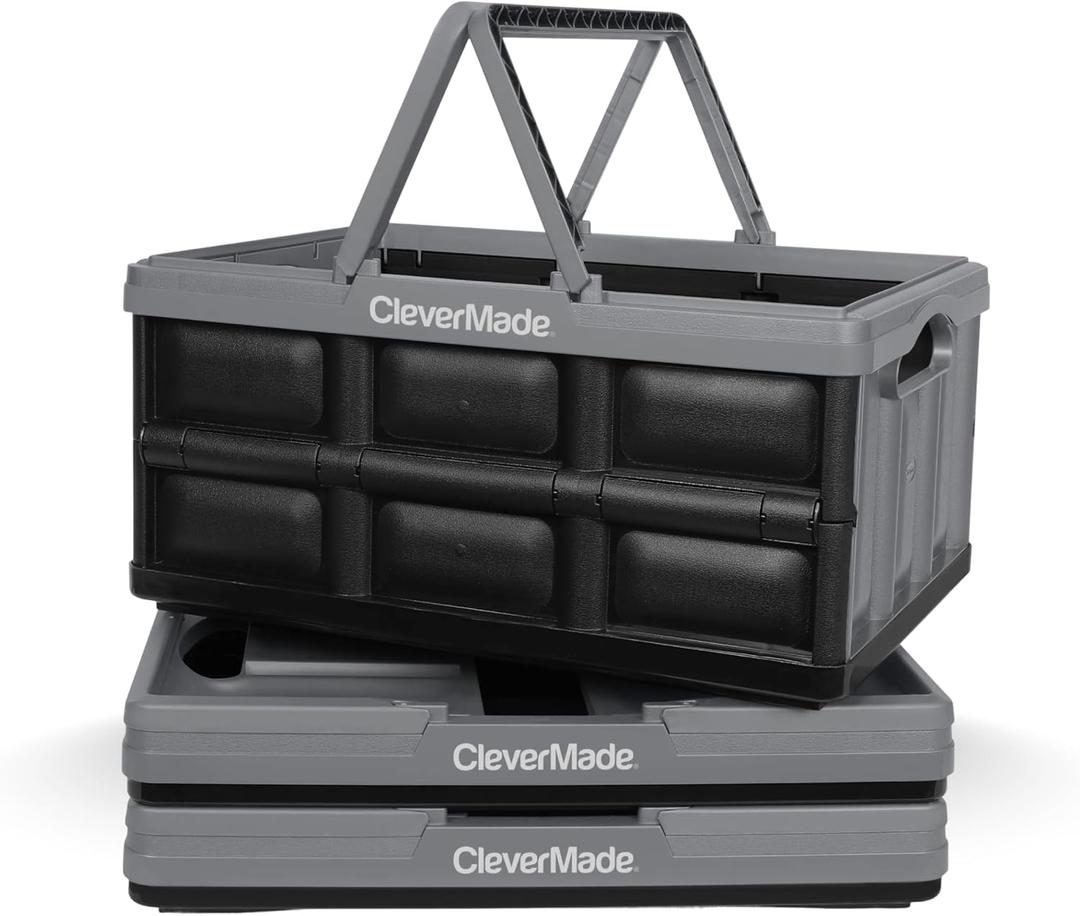 CleverMade Collapsible Shopping Basket 32L, 3 Pack Folding Grocery Basket with Handles, Stackable Reusable Storage Crate with 35 lb Capacity, Recycled Plastic, Car Trunk Organizer- Stone Gray