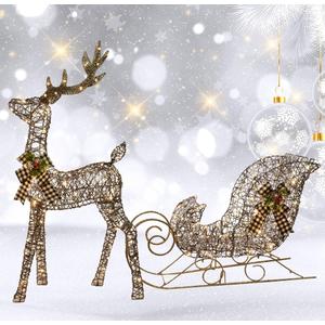 Lighted Christmas Decorations Reindeer & Sleigh 2 Pcs, HOYECHI Light up Christmas Decor Deer Set for Indoor Home Outdoor Front Yard Porch with LED Lights, Plug, Ground Stakes - White
