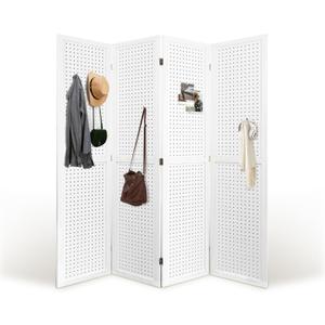 Room Divider, 5.6FT Folding Room Divider Panel, 4 Panel Pegboard Display Wood Partition Wall Divider for Room Separation& Craft Shows, White Room Divider, 5.6FT Folding Room Divider Panel, 4 Panel Pegboard Display Wood Partition Wall Divider for Room Separation& Craft Shows, White
