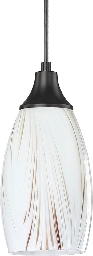 karyfine Mini Glass Pendant Light Kitchen Island Oval Ceiling Hanging lamp Shade with Black Matte finish1pack Milk Blown Glas Pendant Lighting Adjustable Cord for Hallway Dining Room Bathroom
