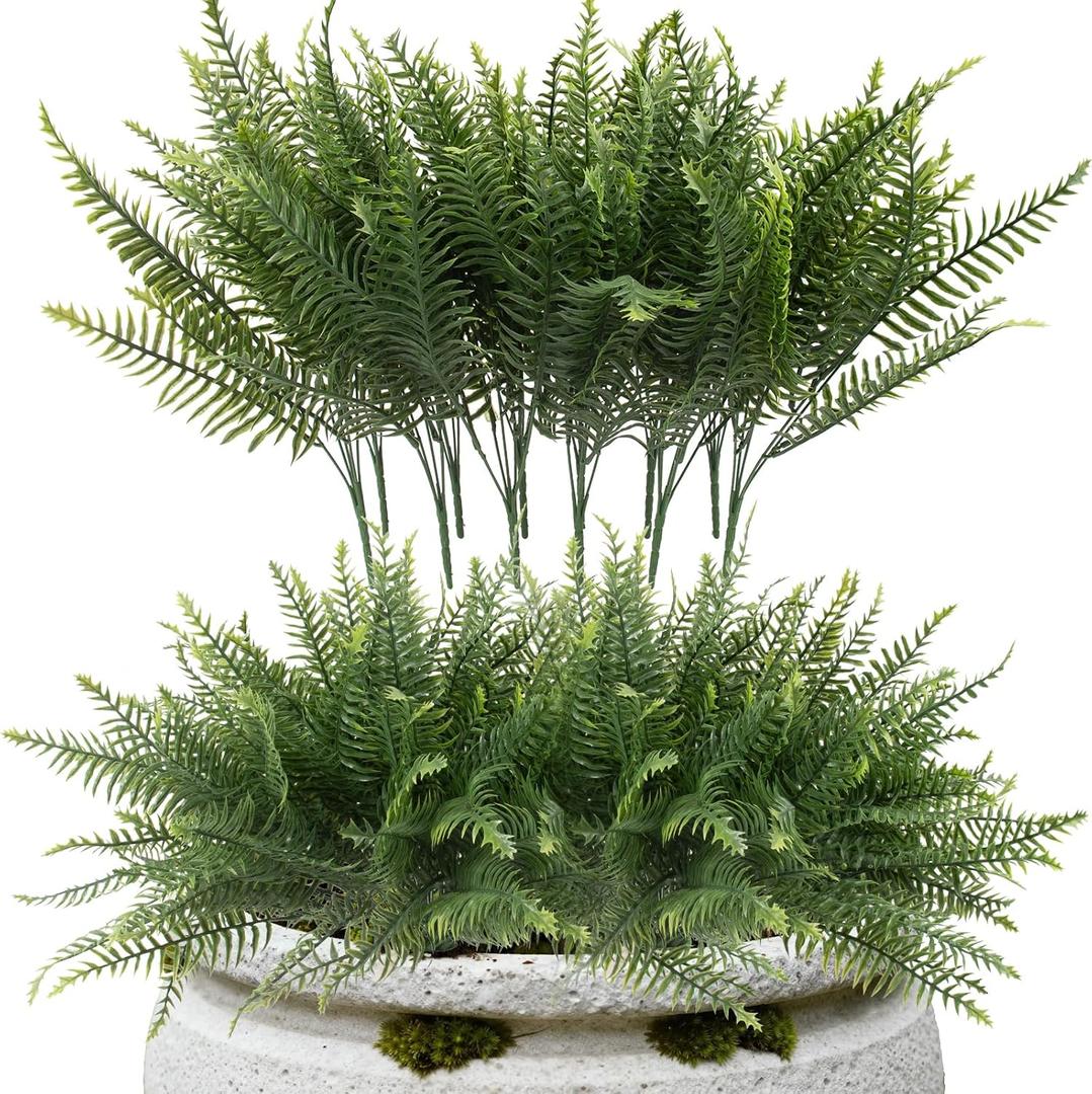 lovemoon 12 Pcs Fake Ferns for Outdoors UV Resistant Faux Fern Plants, Artificial Greenery Fern Stmes for Outside, Garden Porch & Patio Greenery Decor(12, Green)