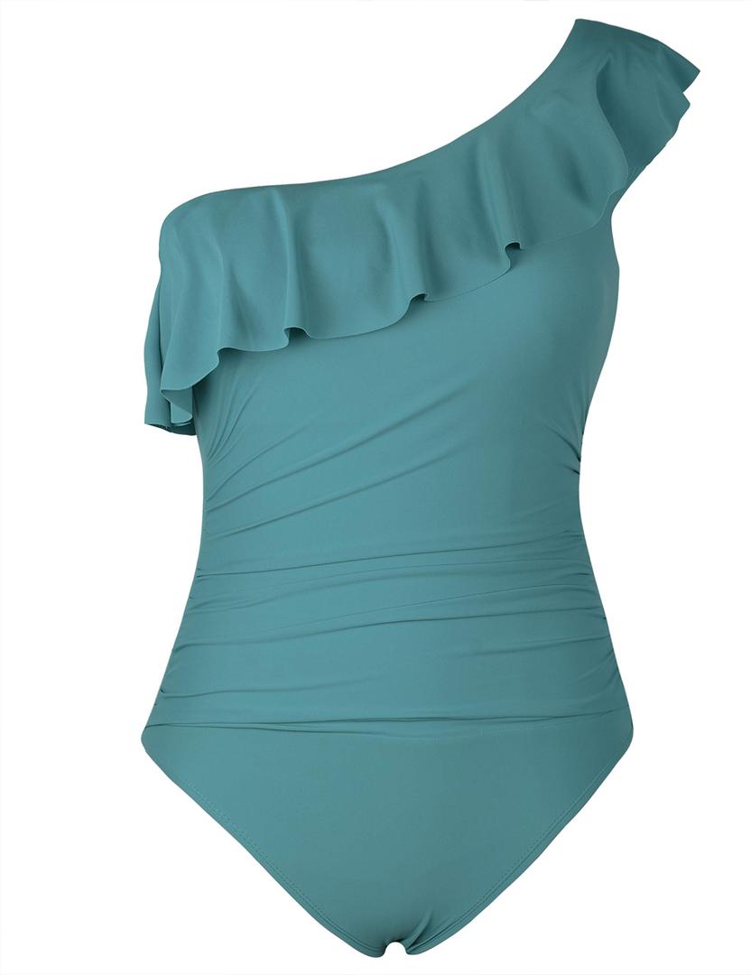 Mycoco Women's One Shoulder Swimsuits One Piece Ruched Swimwear Asymmetric Ruffle Monokini Bathing Suits Peacock Green US 6 (Green, M)