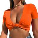 Mizoci Women's Sexy Knot Front Crop Top Deep V Neck Short Sleeve Basic Casual T Shirt