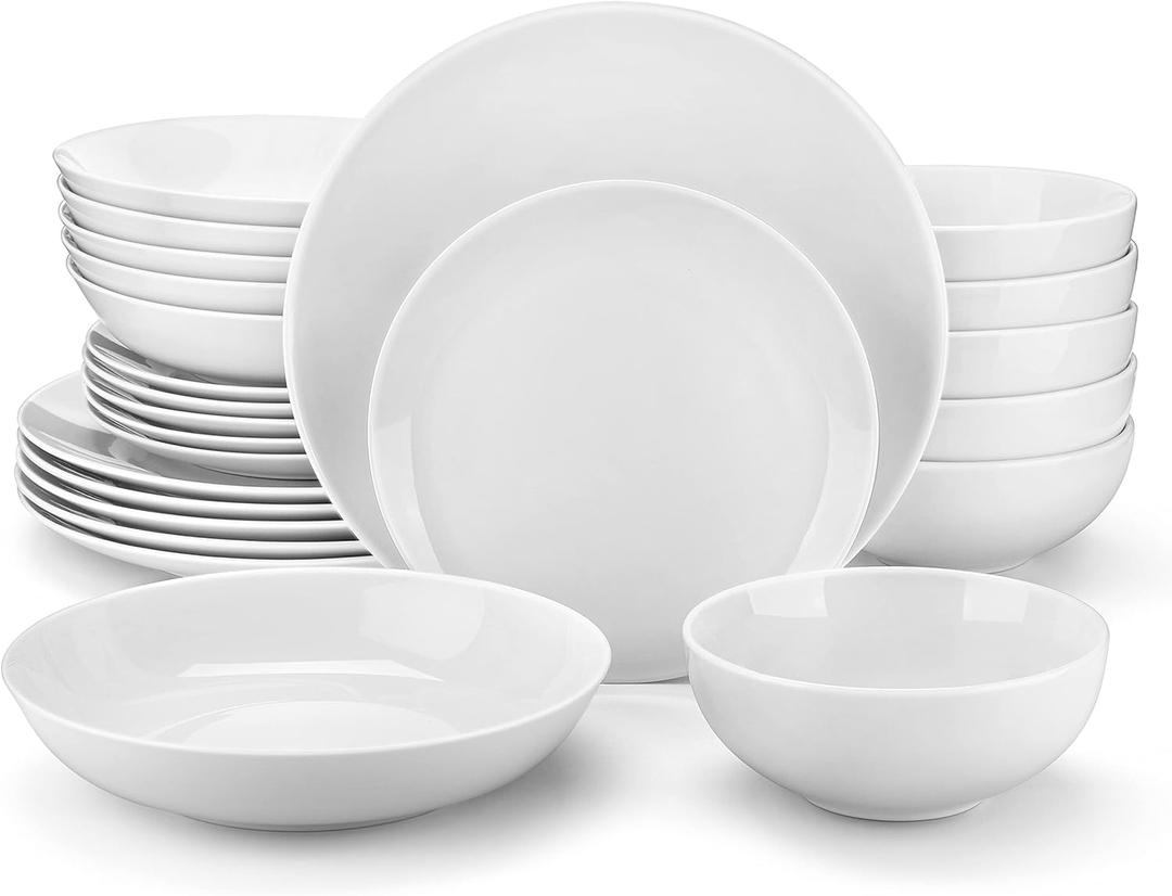 MALACASA 24-Piece Porcelain Dinnerware Set, White Round Dish Set for 6