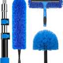 20 Feet High Reach Duster Kit with 5-12 Ft Extension Pole, Cobweb Duster with Telescoping Pole, Window Squeegee with Scrubber, Spider Web Brush, High Ceiling Fan Duster for High Window, Interior Roof