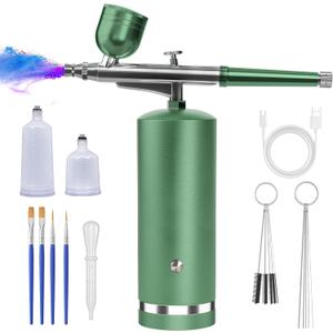 Airbrush Kit With Compressor - 48PSI Rechargeable Cordless Non-Clogging High-Pressure Air Brush Set with 0.3mm Nozzle and Cleaning Brush Set for Nail Art, Makeup, Painting, Cake Decor (Green)