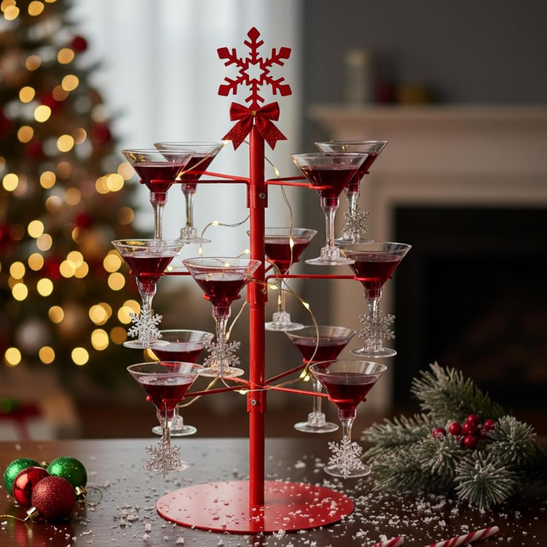 Christmas Cocktail Tree Stand Snowflake Tree Drink Holder 3 Tier 12 Holders for Champagne, Martini and Margarita Cups Holder for Christmas Winter Birthday Weddings Bridal Shower Parties