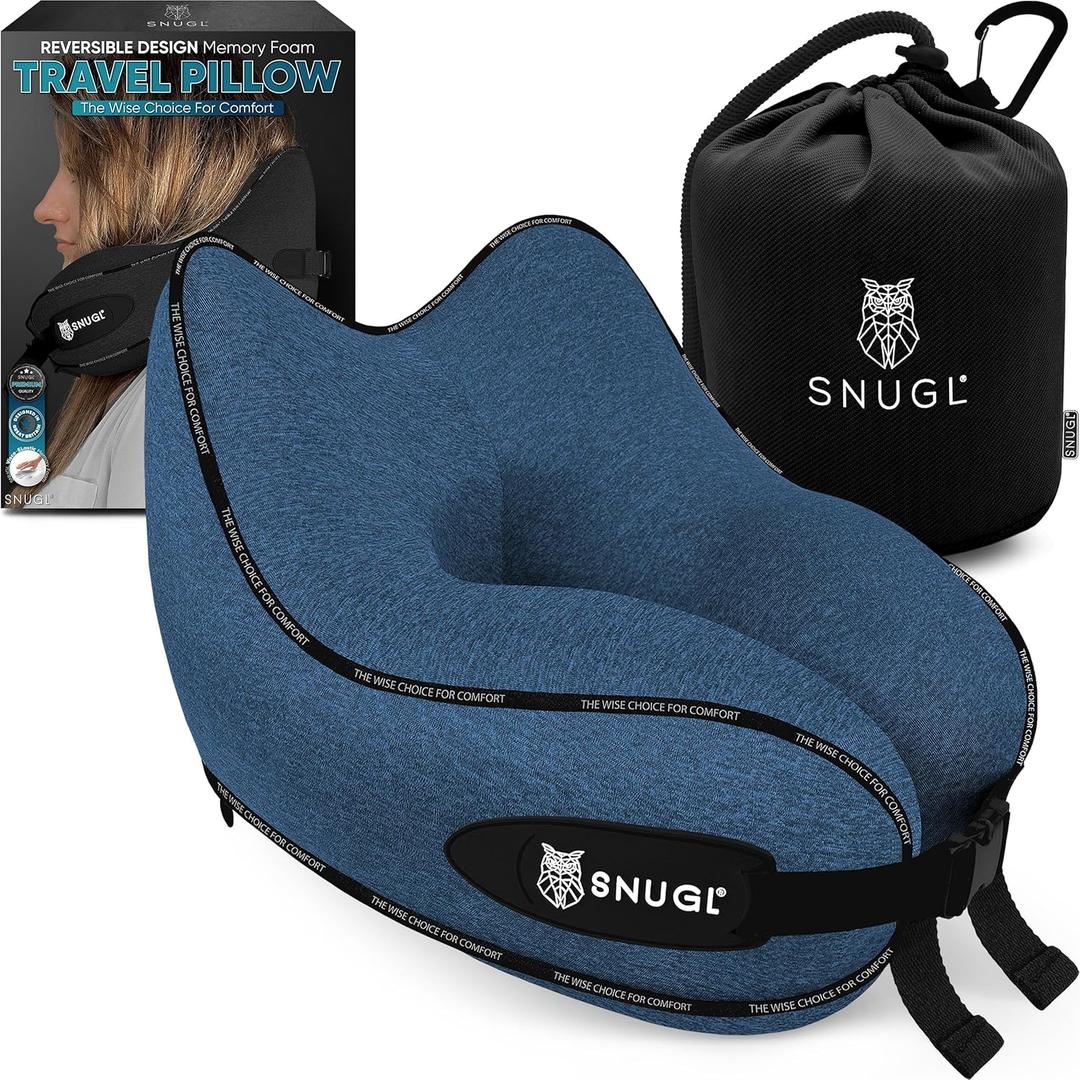 SNUGL Neck Travel Pillow - Memory Foam Airplane Pillow - Flight Pillow | Neck Support Travel Pillow with Carry Bag & Clip | Neck Pillows for Sleeping Travel Plane | Flying Travel Essentials - Blue (Adult Regular, Blue)