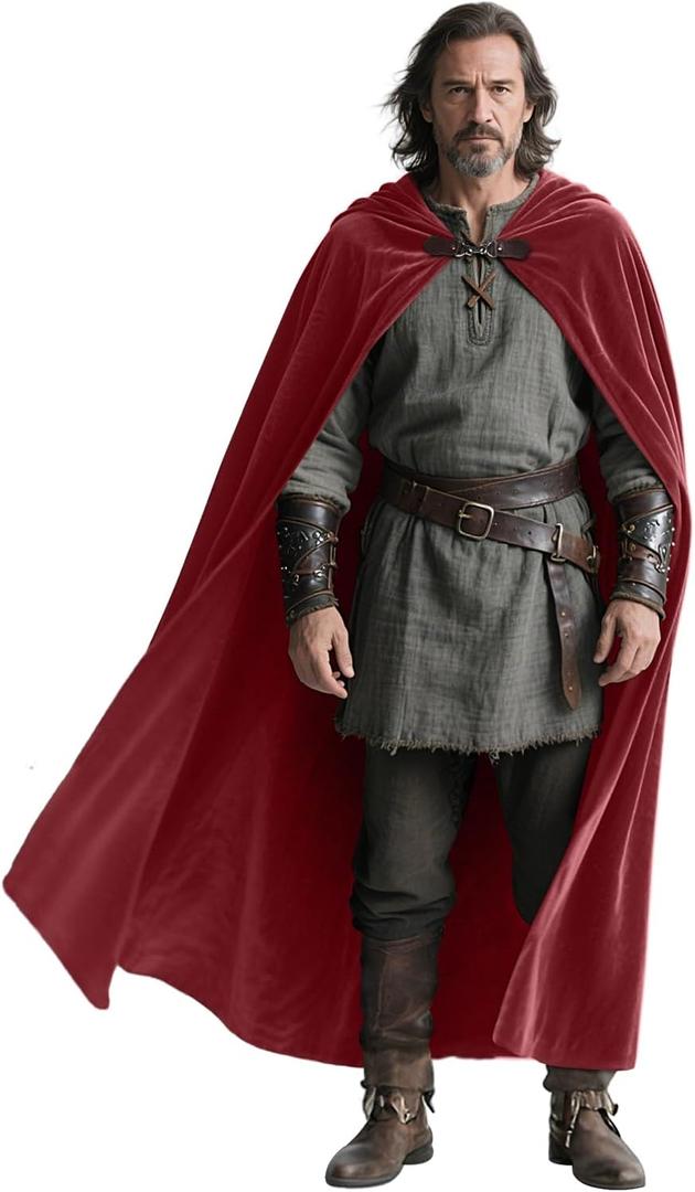 L'VOW Medieval Hooded Cloak Renaissance Velvet Cape Vintage Capelet for Halloween Sorcerer Wizard Cosplay (Burgundy)